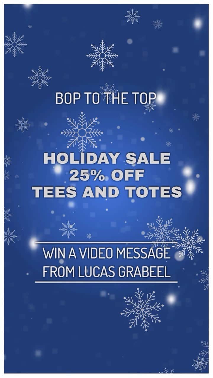 ルーカス・グラビールのインスタグラム：「🚨 Contest Alert! 🚨  Celebrate the holidays and Lucas Grabeel’s birthday with our special offer: 25% off all Bop to the Top tees and tote bags. 🎄  Plus, there’s a chance to win a personalized video message from Lucas! 📹 For every $20 spent (before tax & shipping), you’re entered into our Holiday Raffle. 🎁 More purchases increase your odds! 🎅🏻  Contest starts 11/14/23, 3:30 PM EST. Two winners will be announced on 12/31/23, 5PM EST. Good luck! 🎉🪅🎊」