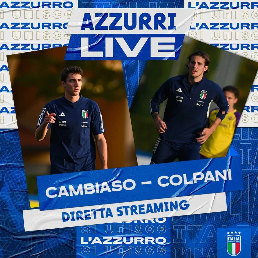 サッカーイタリア代表のインスタグラム：「📣 Domani alle ore 10.30 l'appuntamento con la diretta social “𝗔𝗭𝗭𝗨𝗥𝗥𝗜 𝗟𝗜𝗩𝗘”  📌 Andrea #Cambiaso e Andrea #Colpani gli ospiti ⚽️  Che domande volete fargli❓  Scrivetecelo nei commenti 👇🏻  #Nazionale 🇮🇹 #Azzurri #VivoAzzurro」