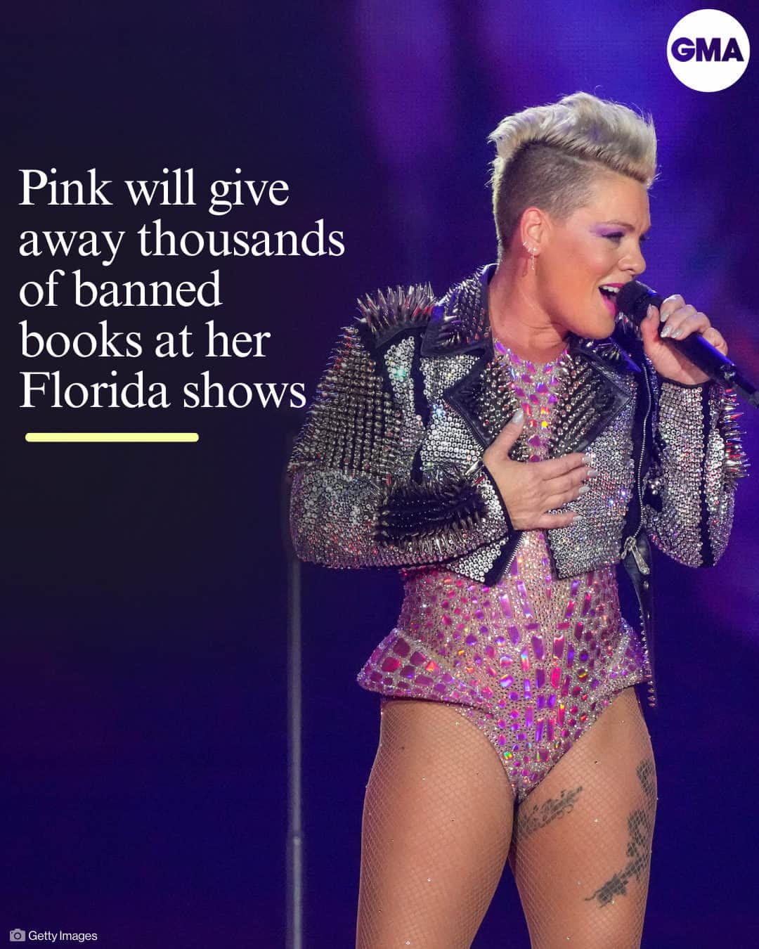Good Morning Americaのインスタグラム：「Pink has teamed up with the charity PEN America to take a stand against book bans in Florida, announcing on Instagram over the weekend that she plans to give away 1,000 banned books at each of her shows in the state.  "Did you know there have been nearly 6,000 book bans since the fall of 2021? And nearly 40% of the books bans in the last school year occurred in Florida?" she wrote in the caption of a post promoting the book giveaway. "As a mom of two young readers, I can't imagine letting someone else decide what MY CHILDREN can and cannot read!"  In a statement, Pink added, "Books have held a special joy for me from the time I was a child, and that's why I am unwilling to stand by and watch while books are banned by schools. It's especially hateful to see authorities take aim at books about race and racism and against LGBTQ authors and those of color."  Find more at our link in bio.」