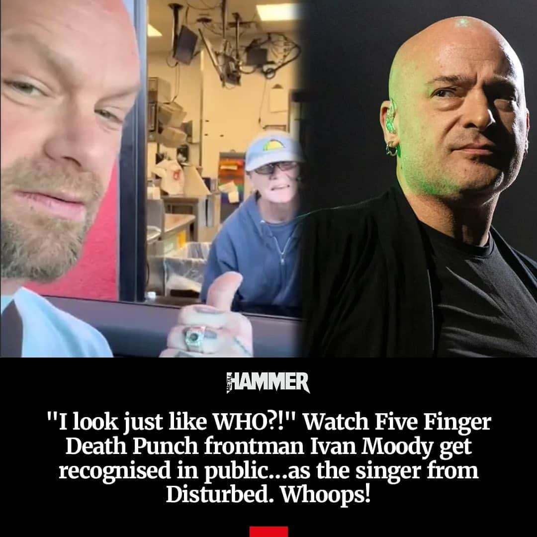 METAL HAMMERのインスタグラム：「A fan gets confused between @5fdp frontman Ivan Moody and @disturbed’s David Draiman 🤭 Not all bald metal dudes look alike, people! Read the story via the link in bio.」