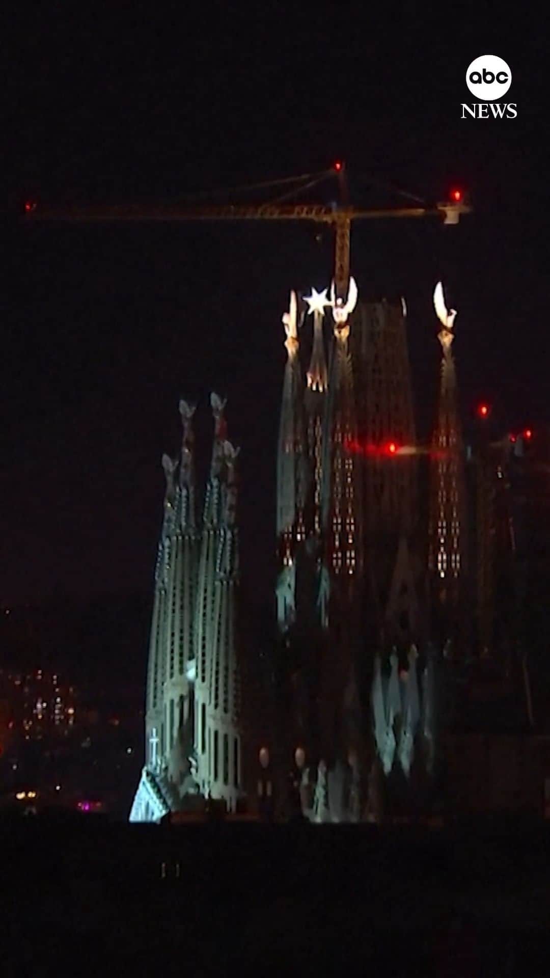 ABC Newsのインスタグラム：「Barcelona's Sagrada Familia temple illuminated the four towers of the Evangelists for the first time on Nov. 12. Construction on architect Antoni Gaudi's masterpiece began in 1882.」