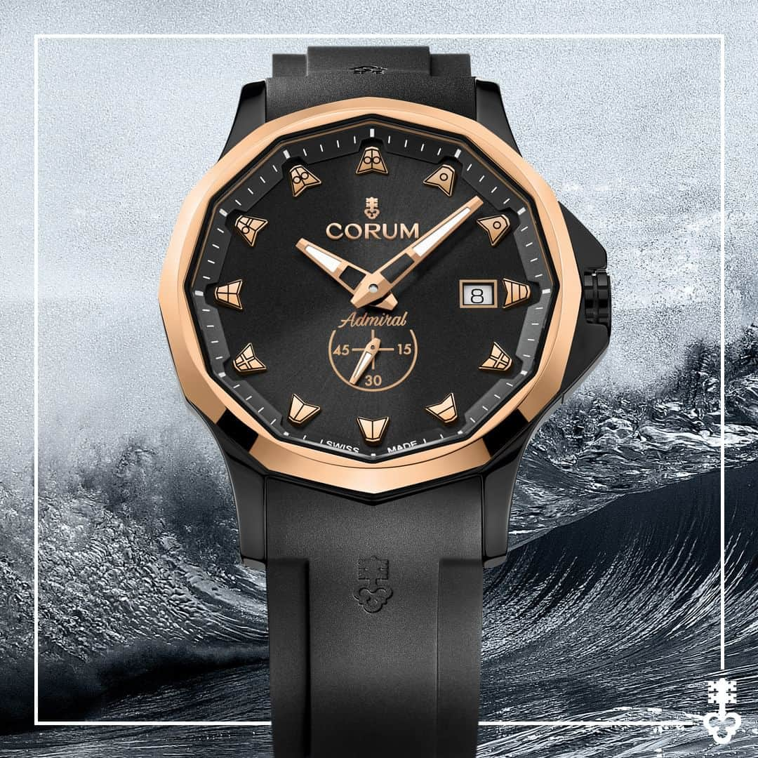 コルムのインスタグラム：「Embrace the fusion of gold and ceramic in the latest Admiral line-up.  A perfect combination of timeless style and cutting-edge design, with the classic gold bezel, modern ceramic case, and colored accents adorning the indexes and hands.   (Ref. A395/04451)  #CorumWatches #CorumAdmiral #AdmiralCeramic」