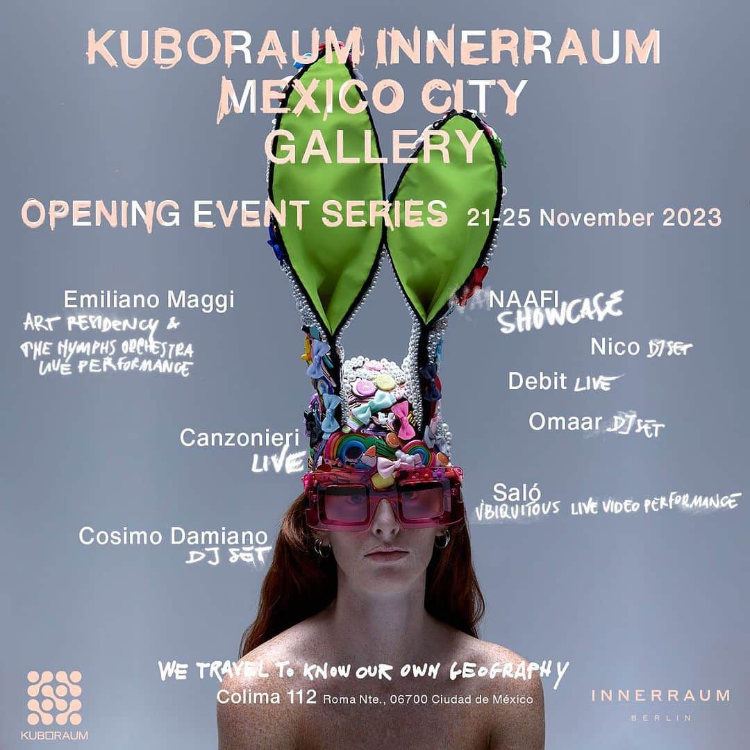 クボラムのインスタグラム：「We are pleased to announce the long awaited KUBORAUM-INNERRAUM GALLERY OPENING EVENT SERIES in MEXICO CITY at COLIMA 112.  A 5-day musical journey and art experience, from November 21st to November 25th, diving into the multiverse and curatorial narrative of the Berlin-based project. In collaboration with the Mexico City-based record label @n_a_a_f_i, Kuboraum & Innerraum will curate a special program kicking off with a 3-day Art Residency hosting fine artist @emi_maggi in view of his performance ‘The Nymphs Orchestra’ on Saturday, followed by live shows by Mexican-American DJ, producer, and composer @deliabeat, the electroacoustic project @i_canzonieri, and DJ sets by @cosimo_damiano_ and N.A.A.F.I. affiliates @omaarsuaarez and @nico__dubs.  Tuesday, November 21st – Saturday, November 25th KUBORAUM-INNERRAUM GALLERY  COLIMA 112, Roma Norte, Cuauhtemoc, 06100, Mexico City  Limited capacity.  @kuboraum  @innerraum  @colima.112  @n_a_a_f_i   #kuboraum #innerraum  #colima112  #naafi」