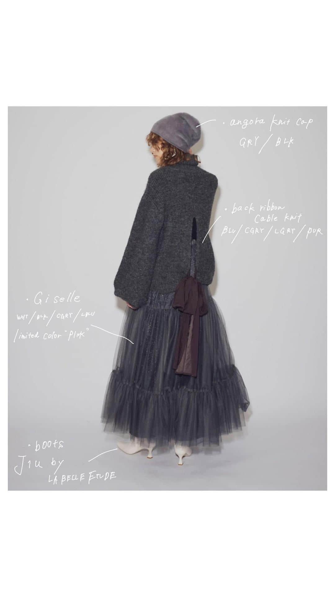 LA BELLE ETUDE OFFICIALのインスタグラム：「.  ✔︎ RECOMMEND  ・ミックスカラーケイブルバックリボンニット ¥9,900 tax in  ・Giselle ¥16,500 tax in  ・ラメニットパンツ ¥7.700 tax in  画像をタップして商品をチェック☑︎  ____________________________________________  𖥣 アイテムのご購入はプロフィール 　のURLよりご覧ください 　↪︎ @labelleetude_official  ____________________________________________  #LABELLEETUDE #ラベルエチュード #Bellevintage #大人甘カジ  #modernvintage #tokyofashion #大人可愛い#大人かわいい#大人ファッション #おとなかわいい #大人コーデ #大人カジュアル  #大人コーデ #PREORDER #高身長コーデ#高身長ファッション#きれいめコーデ #きれいめカジュアル」