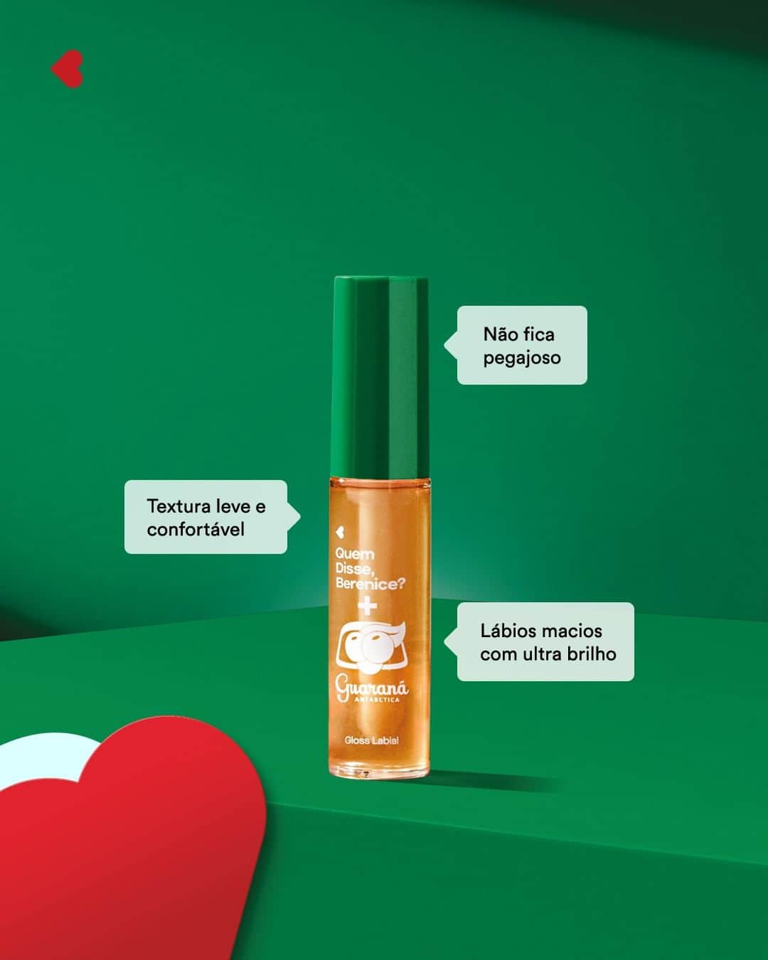 のインスタグラム：「brasileiro que é brasileiro gosta de brilhar e por isso o gloss labial da collab de @guaranaantarctica veio pra deixar até a sua boca brilhando mais que o sol e com aquele cheirinho inspirado no Guaraná Antarctica, gostou? 🤤 #QDBGuarana  #PraTodosVerem: o post é único com o fundo verde e o Gloss Labial QDB e Antarctica e os benefícios do produto: "Não fica pegajoso // Textura leve e confortável // Lábios macios com ultra brilho". Fim da descrição.」