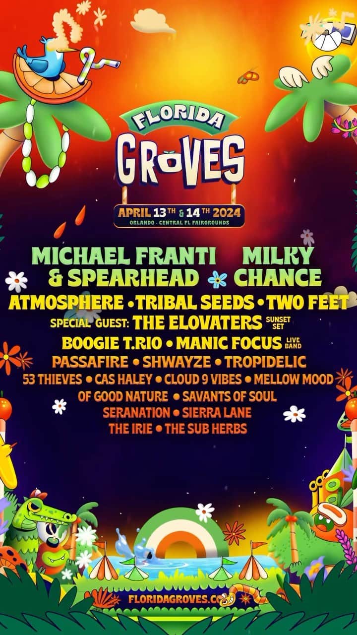 マイケル・フランティのインスタグラム：「Groves Fam... Your 2024 Lineup is HERE!🤩🤘Who is joining the fun? ⤵️  Get ready for a weekend jam-packed with incredible live performances from your favorite bands!😎🌴 Tickets on sale THIS THURSDAY, Nov. 16th at 10am EST!🙌  Here’s your chance to win VIP weekend passes before they go on sale with this exclusive IG Giveaway!👀  To enter: 1.) Like this post  2.) Must be following @floridagrovesfest ✨ 3.) Tag 3 friends you’d bring in the comments 🙌 (more individual tags, more entries).  Bonus Entry: Share to your story and tag @floridagrovesfest 🤘  See you April 13th and 14th at the Orlando Amphitheater!🍊  #floridaliving #musicfestival #livemusic #newmusic #orlandoflorida #musicfestivalseason」