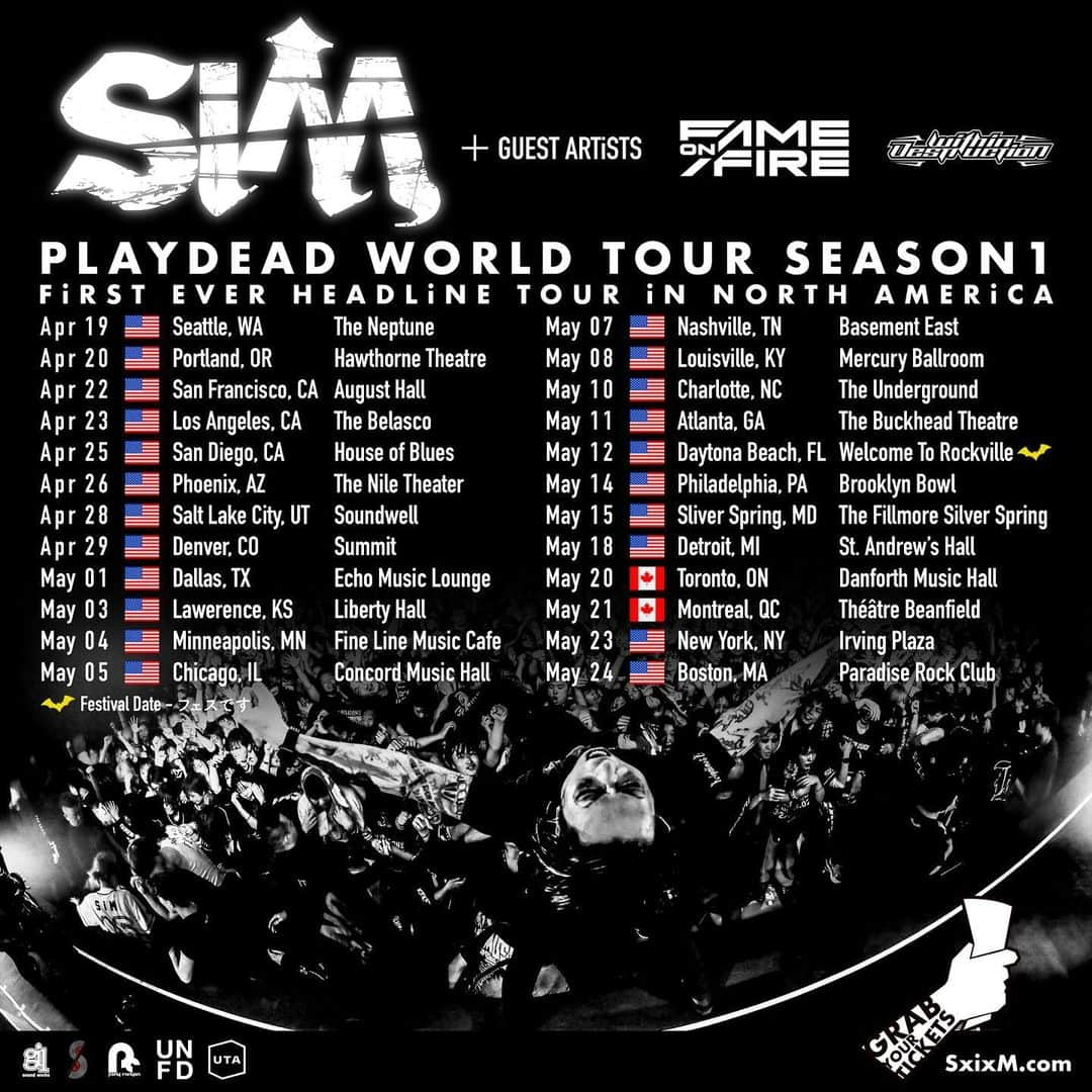 SiMのインスタグラム：「【NEWS】 🇺🇸🇨🇦 NORTH AMERICA Your wait for a SiM headline tour is over! The PLAYDEAD WORLD TOUR is coming for you!   Artist Presale Tickets are on sale @ 12pm local time & VIP upgrades are on sale now @ https://sim.komi.io/ [link in bio] Use code: PLAYDEAD Regular tickets go on sale Friday @ 10am local time.   @fameonfire  @withindestructiondm    APRIL 19 SEATTLE WA APRIL 20 PORTLAND OR APRIL 22 SAN FRANCISCO CA APRIL 23 LOS ANGELES CA APRIL 25 SAN DIEGO CA APRIL 26 PHOENIX AZ APRIL 28 SALT LAKE CITY UT APRIL 29 DENVER, CO MAY 01 DALLAS TX MAY 03 LAWRENCE KS MAY 04 MINNEAPOLIS MN MAY 05 CHICAGO IL MAY 07 NASHVILLE TN MAY 08 LOUISVILLE KY MAY 10 CHARLOTTE NC MAY 11 ATLANTA GA MAY 12 WELCOME TO ROCKVILLE FL MAY 14 PHILADELPHIA PA MAY 15 SILVER SPRING MD MAY 18 DETROIT MI MAY 20 TORONTO ON MAY 21 MONTREAL QC MAY 23 NEW YORK NY MAY 24 BOSTON MA  🇺🇸🇨🇦 全24都市をまわる初のSiM北米ヘッドラインツアー、サポートに @fameonfire  @withindestructiondm を迎えて開催決定！  #SiM #SiM6th #PLAYDEAD  #SiMUSTOUR」