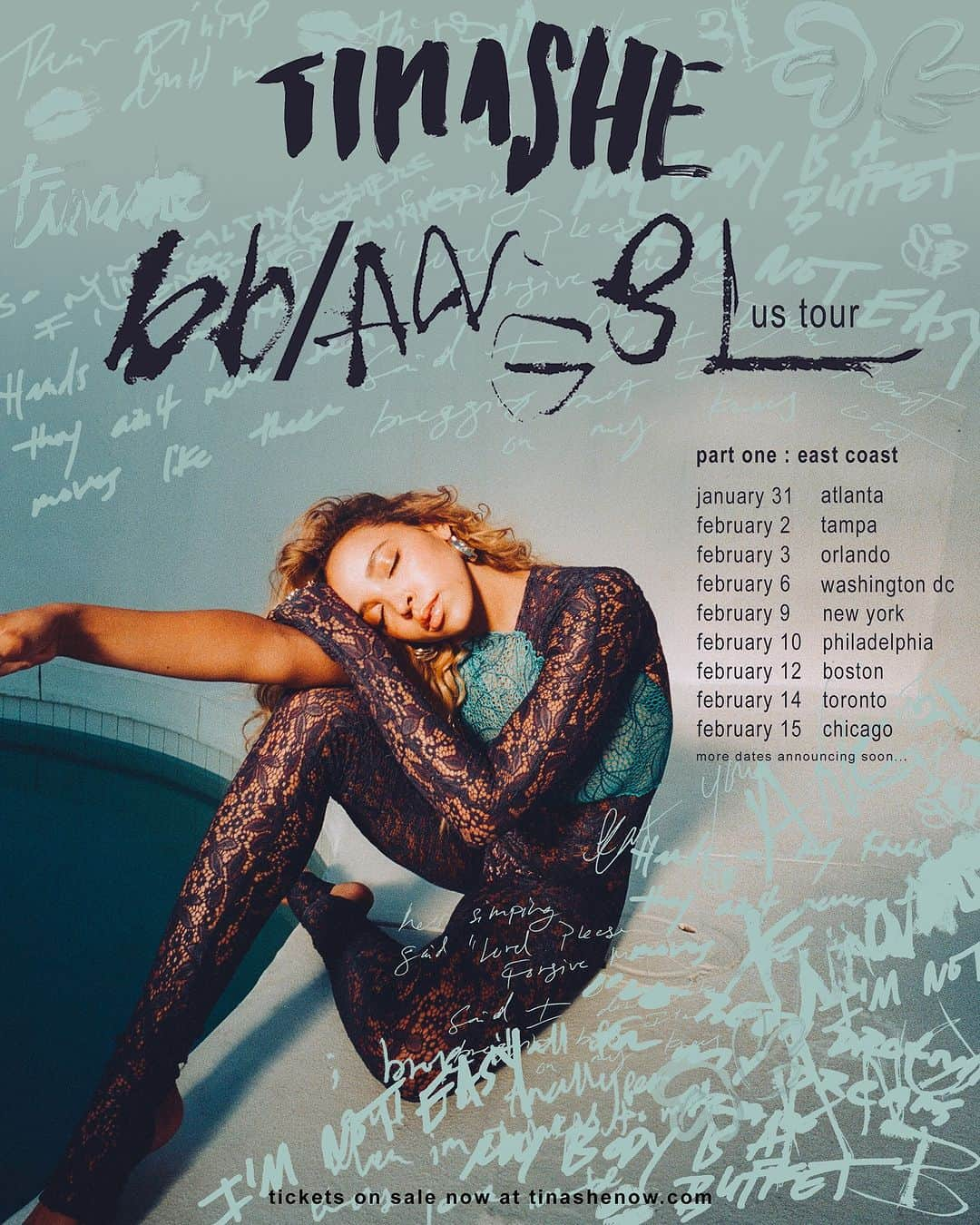 ティナーシェのインスタグラム：「BB/ANG3L TOUR IS HERE 👼🏽  Starting with Part One : EAST COAST  If you don’t see your city on the list don’t worry, more dates announcing soon 🎟️   Presale: Tuesday, November 14th at 12pm ET / 9am PT  Artist Presale Password: ANG3L  VIP Packages: Tuesday, November 14th at 12pm ET / 9am PT local  Public Onsale: Friday, November 17 at 12pm ET.」