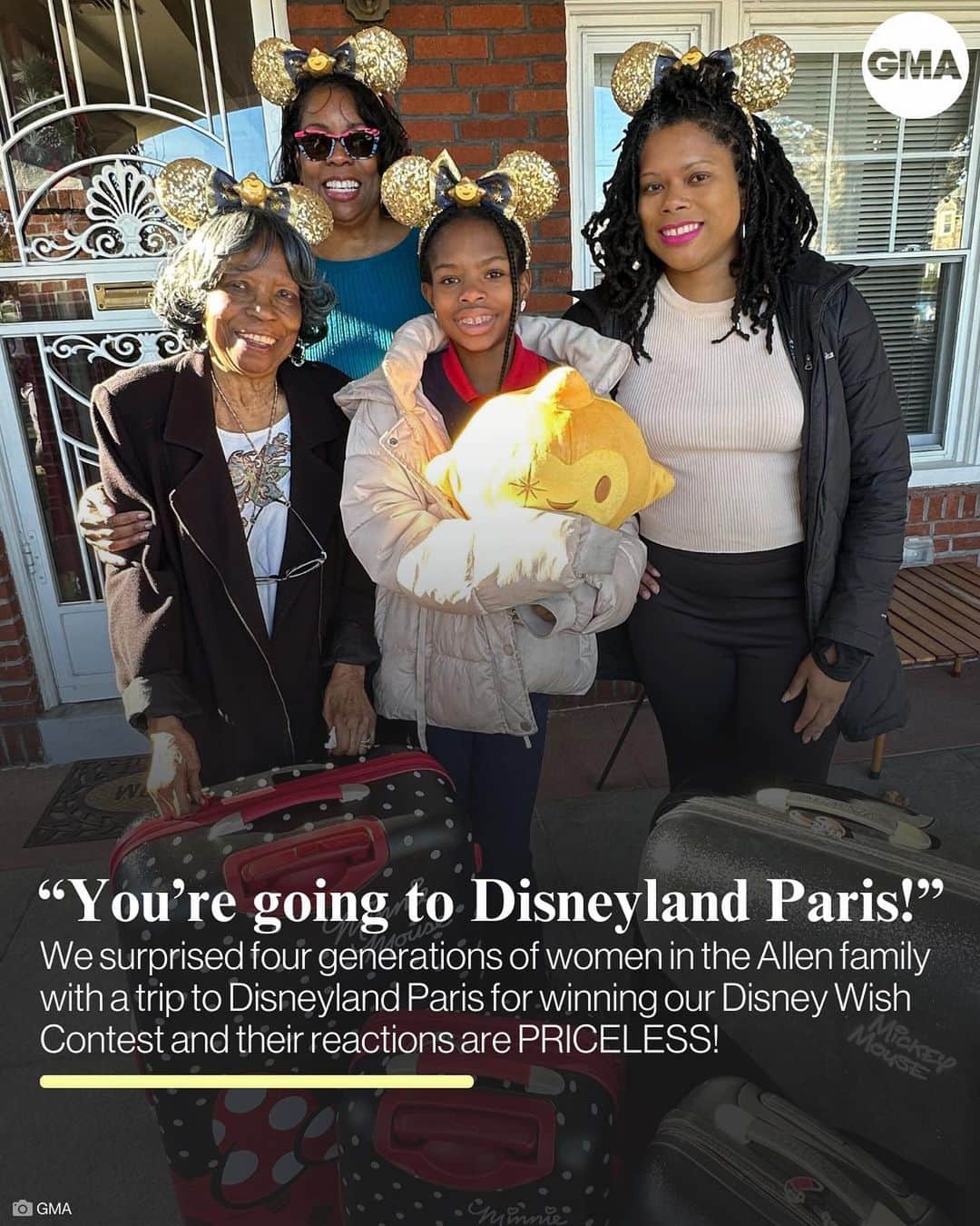 Good Morning Americaのインスタグラム：「@disneylandparis HERE THEY COME! ✨  The Allen family — four generations of women ranging in age from 92 to 12 — entered our Disney Wish contest for the chance to go to Disneyland Paris.   This morning @demarcomorgan surprised them at their home in Philadelphia to tell them they won and are headed to Paris TONIGHT!   Congratulations Allen family! Check out our link in bio for the full surprise.」