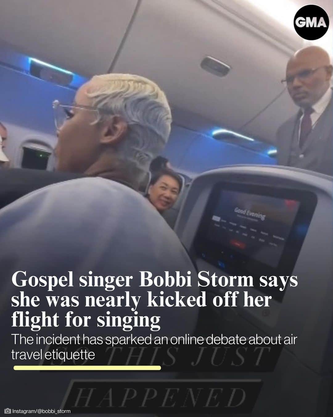 Good Morning Americaのインスタグラム：「Gospel singer Bobbi Storm says she was nearly kicked off of a Delta flight for singing — and documented her encounter with a flight attendant on Instagram.   The singer, who had just found out she was Grammy-nominated, began singing on her flight and was threatened with removal after she refused to stop.   The interaction is raising questions about air travel etiquette. What are your thoughts?」
