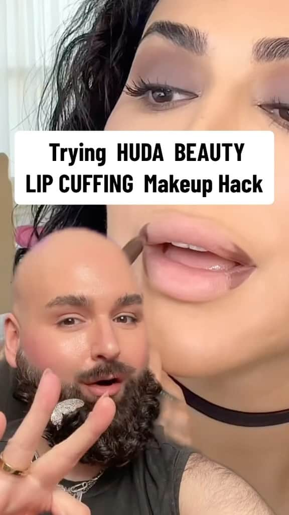 Huda Kattanのインスタグラム：「@ryanvitabeauty puts our Lip Cuffing technique, aka the EASIEST way to plump those lips, to the ultimate test! 💋  They use: Lip Contour 2.0 in shade Warm Brown Liquid Matte Lipstick in shade Perfectionist #FauxFilter Concealer  And YES boo, you do be looking like Huda! 😉」