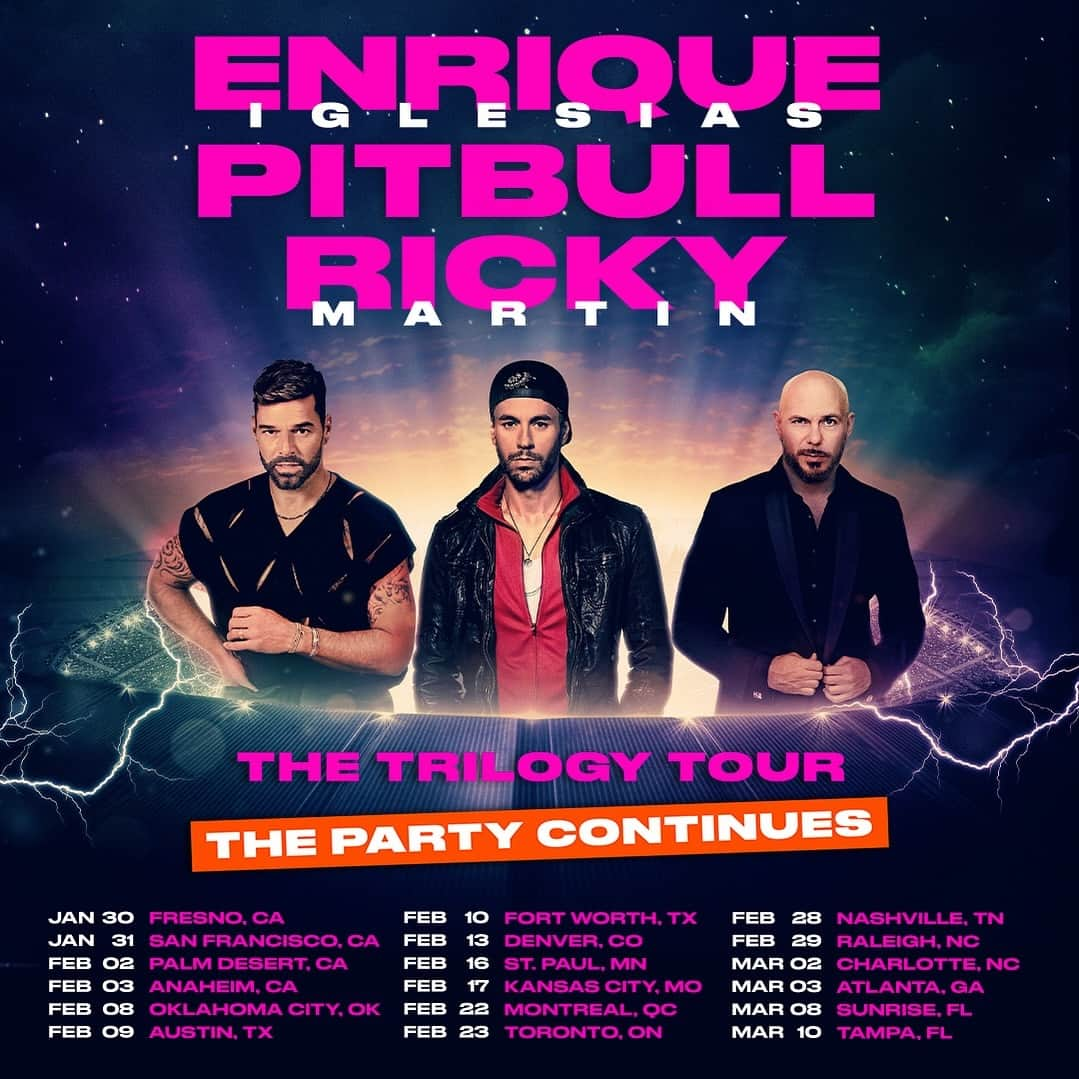 ピットブルのインスタグラム：「The party continues! Get your tickets starting this Friday, Nov. 17! Link in bio. #TheTrilogyTour @enriqueiglesias @ricky_martin」