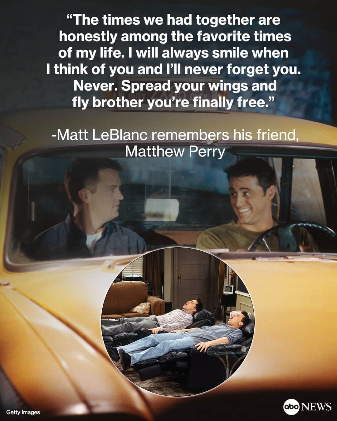 ABC Newsのインスタグラム：「Matt LeBlanc posted a touching tribute Tuesday honoring his late "Friends" co-star Matthew Perry.  The actor shared several photos on Instagram with Perry, who died Oct. 28 at the age of 54, and wrote about the impact Perry had on his life.  "Spread your wings and fly brother you're finally free," LeBlanc added. "Much love. And I guess you're keeping the 20 bucks you owe me."  Read more at the link in bio.」