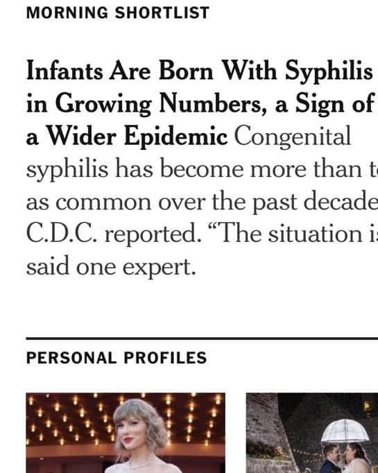 ミーシャ・コリンズのインスタグラム：「I just saw the "For You" tab at the top of the screen in the @NYT app and thought, "Great! A customized filter based on my interests!" Turns out I am interested in @Taylorswift and babies with syphilis.」