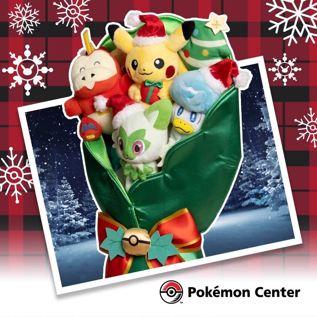 Pokémonのインスタグラム：「The perfect gift for every Pokémon fan on your list 💐  Guaranteed to brighten anyone's day and liven up a holiday display, this holly, jolly Pokémon Plush Bouquet features Pikachu, Sprigatito, Fuecoco, and Quaxly wearing festive holiday hats!  Available only at Pokémon Center, link in bio.」