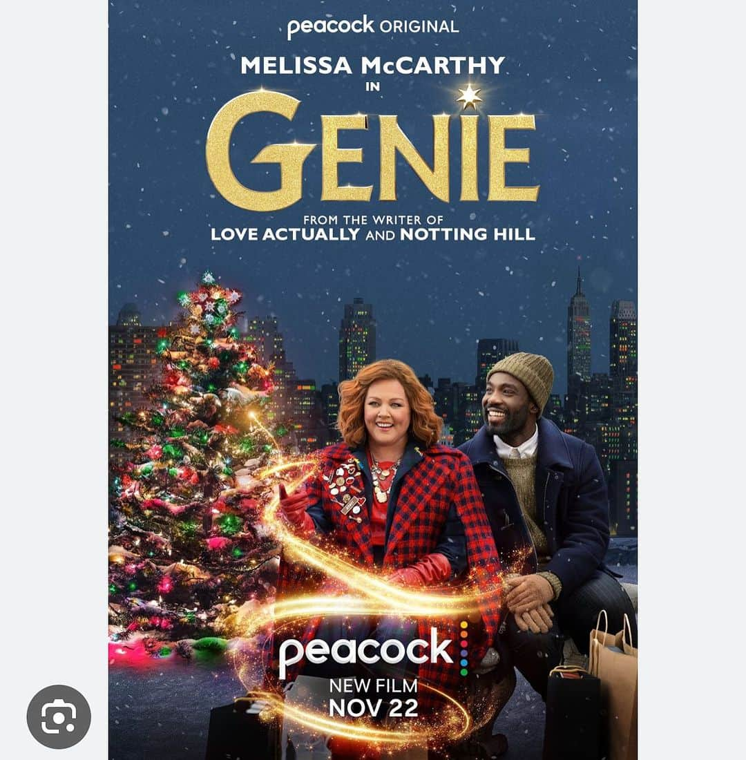 テイト・エリントンのインスタグラム：「In 8 days ya get to see me living my dream of being in a Holiday/Christmas movie set in my favorite city in the world!  Tune in Nov. 22nd to watch Genie on @peacock  Sidebar: @pessiedu is an absolutely delightful human being. #deneebenton is the kindest person. So kind that even while battling a debilitating migraine she was wonderful and if ya know migraine’s that means she’s a saint. @melissamccarthy was everything I wanted her to be and more. She could not have been more welcoming and I could not have been more starstruck.🤩」