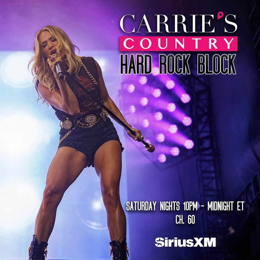 キャリー・アンダーウッドのインスタグラム：「Saturday nights rock in @CarriesCountry! 🤘 Tune in at 10PM ET each week to hear high octane, heavy headbangers handpicked by Carrie. 🎸」
