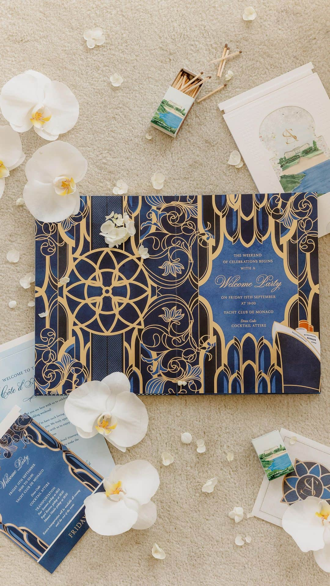 Ceci Johnsonのインスタグラム：「WEDDING |  If you are looking for something extra special to invite guests to your wedding, this is for you.  A couture invitation inspired by the Four Seasons Cap-Ferrat, France –S&A’s wedding venue. Outside, the box is hand wrapped in neutral linen, opening to reveal a book invitation that invites guests on a journey to celebrate their love. The book’s cover features a hand painted 3D watercolor art depiction of their wedding venue. Each page inside is a canvas inspired by the locations of their welcome party at @yachtclubmonaco, white-orchid wedding, and poolside brunch at @fscapferrat. Even the shipping box is customized with their Monogram and adorned with watercolor touches. True luxury personalization where every detail tells a story. #CeciCouture  CREATIVE PARTNERS Luxury Invitation: @cecinewyork Planning & Design: @lavenderandroseweddings Welcome Party Venue & Catering: @yachtclubmonaco Wedding Venue & Catering:  @fscapferrat  The remaining credits can be found in the comments.   #cecinewyork #ceciwedding #lavenderandroseweddings #luxuryinvitations #elegantdesigns #coutureinvites #opulentdetails #bespokeinvitations #chiccelebrations #artistryininvitations #highenddesigns #luxurystationery #premiuminvitations #exquisitedetails #invitationelegance #celebrateinstyle #glamorousinvites #luxurycelebrations #finestationery #customizedelegance #celebrationperfection #invitationcouture #elevateyourevent #luxuryeventplanning #unforgettableinvites #wedluxe」