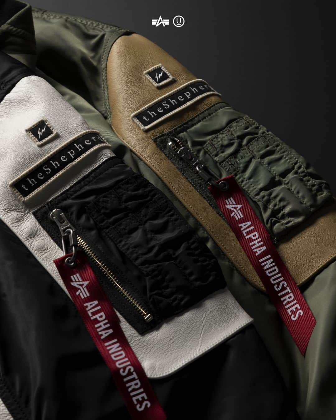 のインスタグラム：「Jun Takahashi's UNDERCOVER combines forces with Alpha Industries for two reversible MA-1s, featuring classic flight nylon with a touch of leather on one sleeve, and staple menswear fabrics on the reverse.  Hit the link in bio to shop now.  #alphaindustries #undercover #theshepherdundercover」