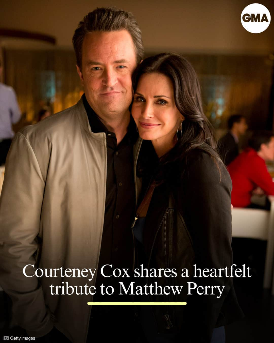 Good Morning Americaのインスタグラム：「Courteney Cox posted a heartfelt tribute honoring her late "Friends" co-star Matthew Perry.  The actress shared a clip of them on the iconic sitcom to Instagram and wrote about what Perry, who died at the age of 54, meant to her in her life.  Find her full tribute and her touching story about Perry at our link in bio ❤️」