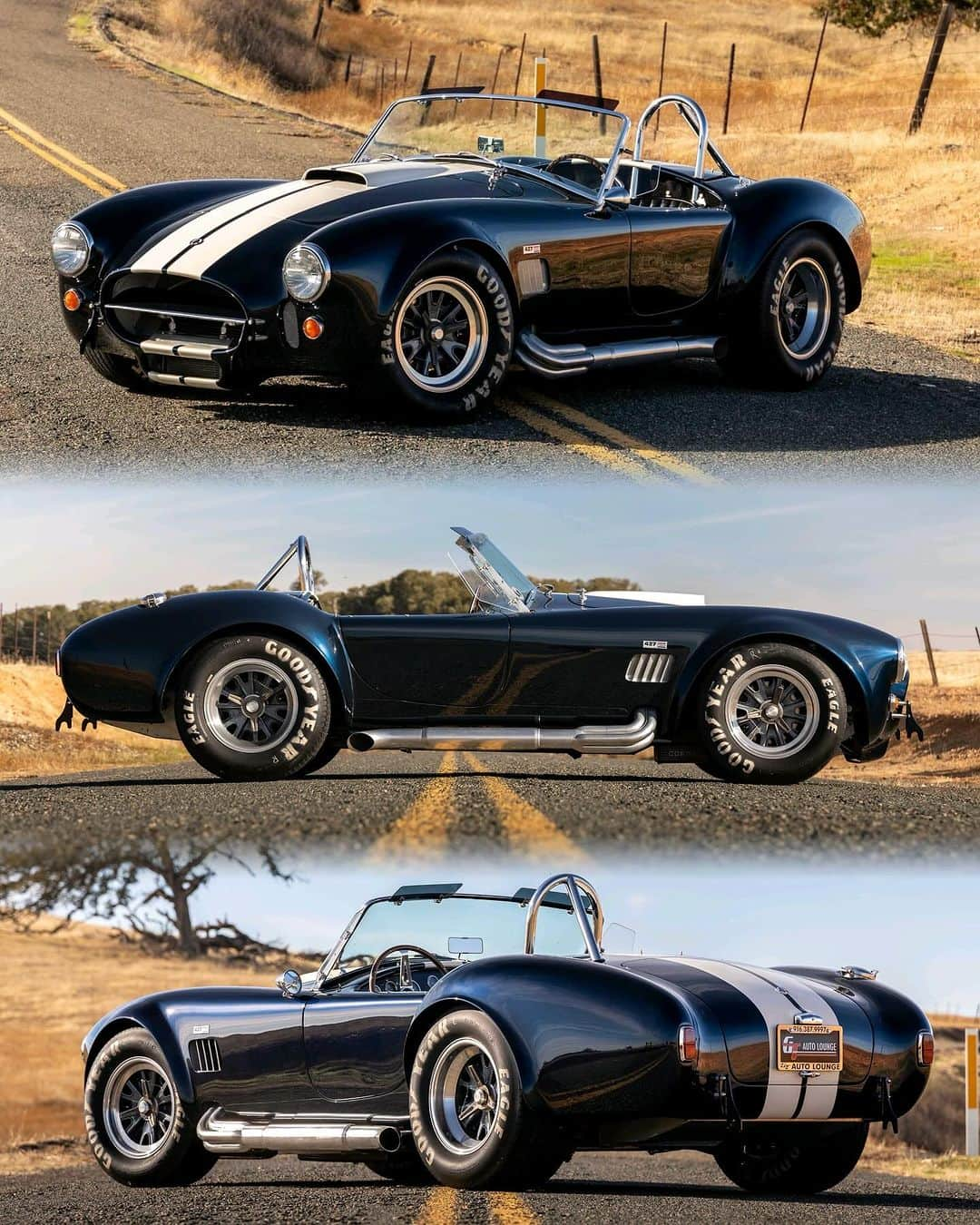 Classics Dailyのインスタグラム：「Twin Paxton Supercharged ERA 427SC Roadster 5-Speed Live on @BringATrailer ! NO RESERVE!  _ @gtautolounge is pleased to present this stunning Twin-Paxton-Supercharged Shelby Cobra Replica being auctioned at NO RESERVE! This ERA 427SC roadster is a Cobra replica that was assembled in 2005 and was prepared by Cobra Automotive of Wallingford, Connecticut, for the 2022 Shelby American Automobile Club Sweepstakes. The 427ci Ford V8 has been stroked to 454ci and fitted with twin SN60J Paxton superchargers and is linked with a TKO-600 five-speed manual transmission and a rear differential with 3.54:1 gears. The car is finished in metallic blue with white racing stripes over black upholstery and features a hood scoop, a roll hoop, a Moto-Lita steering wheel, Stewart-Warner instrumentation, four-point harnesses, 15″ Halibrand-style wheels, four-wheel disc brakes, and Spax adjustable coilovers in addition to equal-length exhaust headers, side pipes, Edelbrock aluminum cylinder heads, and Holley four-barrel carburetors. This Twin-Supercharged ERA Cobra is being offered at NO RESERVE on dealer consignment with a clean California title.   #ShelbyCobra #supercharged #replica #cobra #427 #stroked454 #americanmuscle #musclecar #classicmuscle」