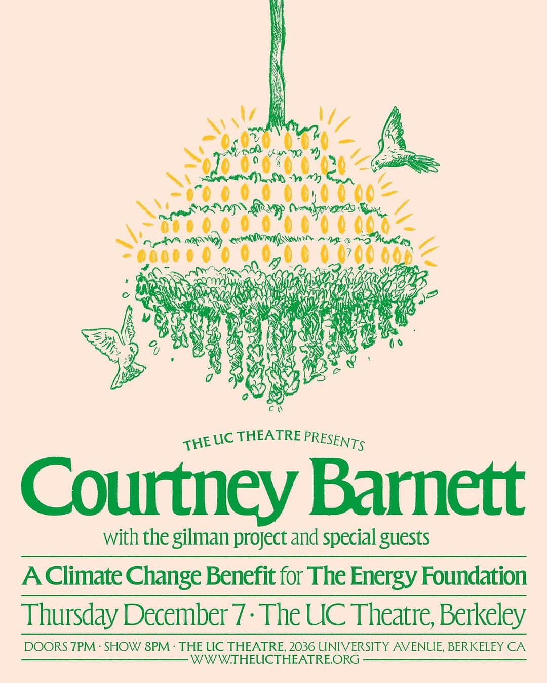 コートニー・バーネットのインスタグラム：「December 7th at The UC Theatre, Berkeley, CA. Climate change benefit show for the ‘The Energy Foundation’. Tickets on sale now at www.courtneybarnett.com.au/tour  Poster by @sebi.white」
