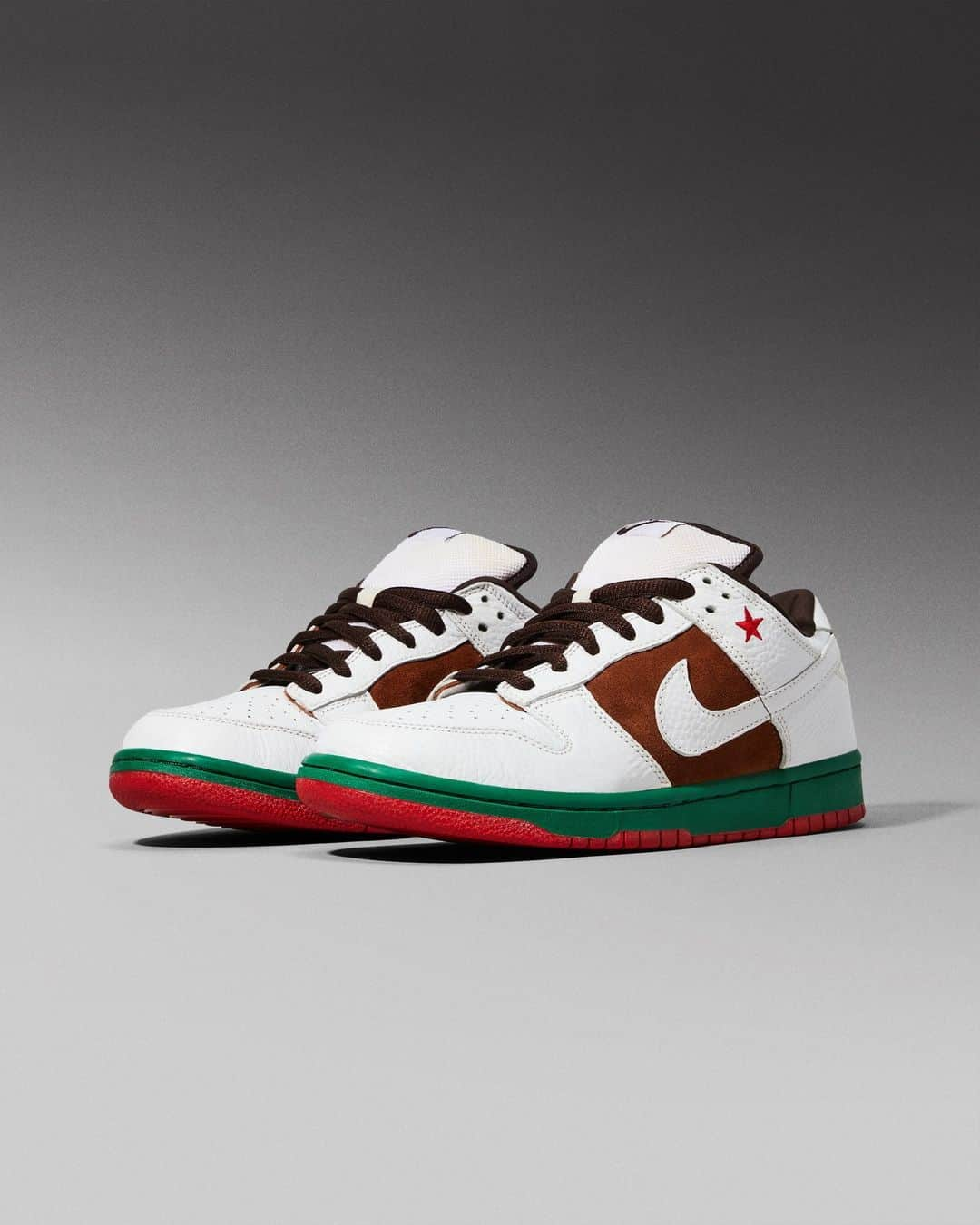 Flight Clubのインスタグラム：「Wild west. The Dunk Low Pro SB 'Cali' celebrates the Golden State's legacy in skate culture, showcasing a white leather and brown suede base with multicolored hits from the California state flag. The colorway debuted in July 2004 via Nike SB's legendary Silver Box era.」