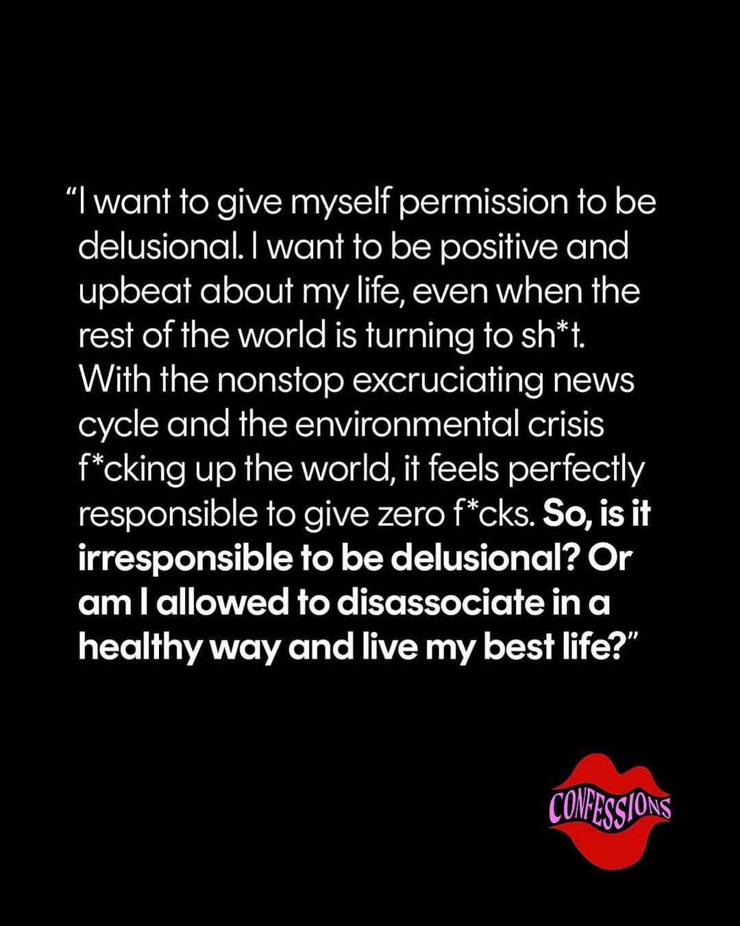 Cosmopolitanのインスタグラム：「In our new episode of #Confessions, we're helping a listener decide whether it's irresponsible to give herself permission to be delusional. If everyone else on TikTok can be delulu, why can't she? Transgender content creator @awbumba joins Cosmo's @mialardiere and @hannahchubb to discuss. Listen at the link in bio.」