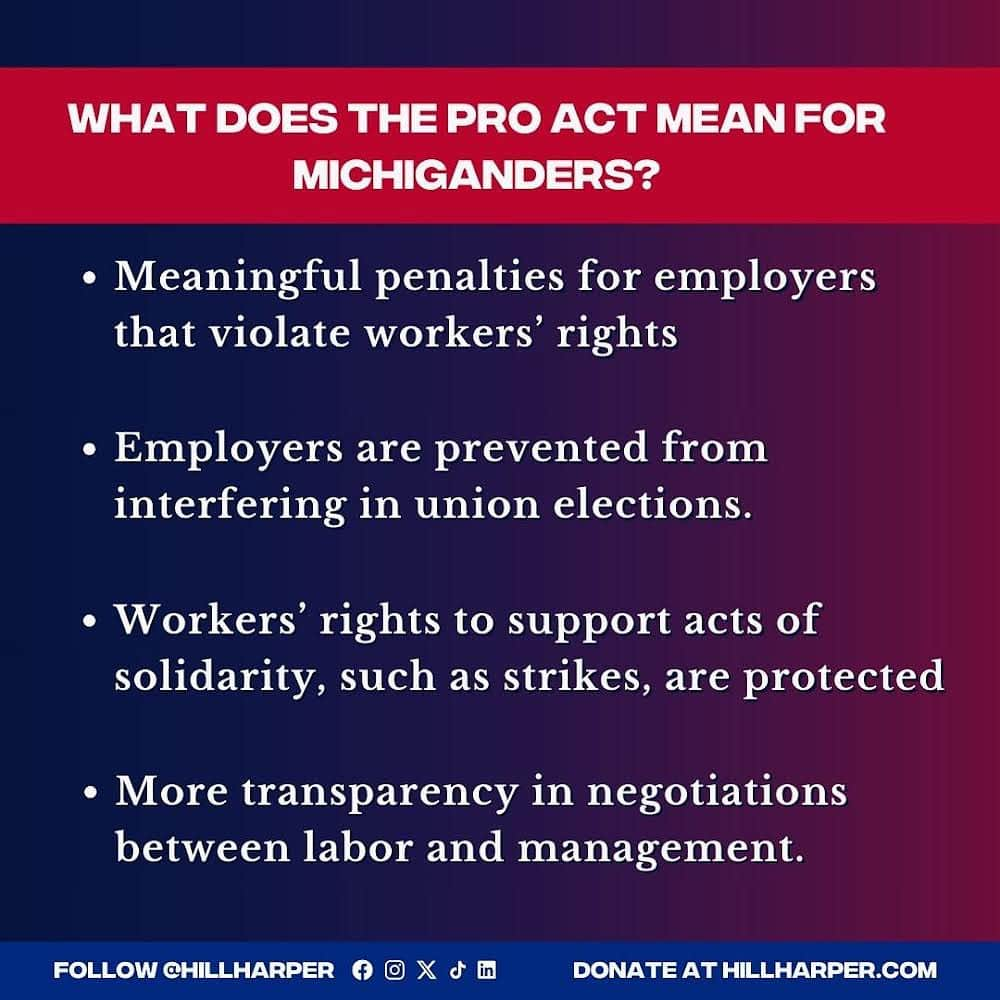 ヒル・ハーパーさんのインスタグラム写真 - (ヒル・ハーパーInstagram)「The victories for workers gained by unions like the UAW and SAG-AFTRA show us that when we believe and when we work together, we can make things better. There is a rich tradition of labor activism in Michigan that has uplifted workers for generations. We have seen firsthand how unions result in higher wages, improved living standards, and stronger rights for workers. I am a strong supporter of the Protecting the Right to Organize (PRO) Act because it continues this tradition, ensuring that workers' voices are heard and their rights are protected, both in Michigan and across the country.  As Michigan's next US Senator, I will work diligently to pass the PRO Act, to strengthen our unions, and to support workers in our evolving economy. To me, the #PROAct is more than just legislation; it represents a pledge to Michigan's workers — a promise to defend their rights and ensure that they have fair wages and safe workplaces. #UnionStrong」11月15日 7時51分 - hillharper