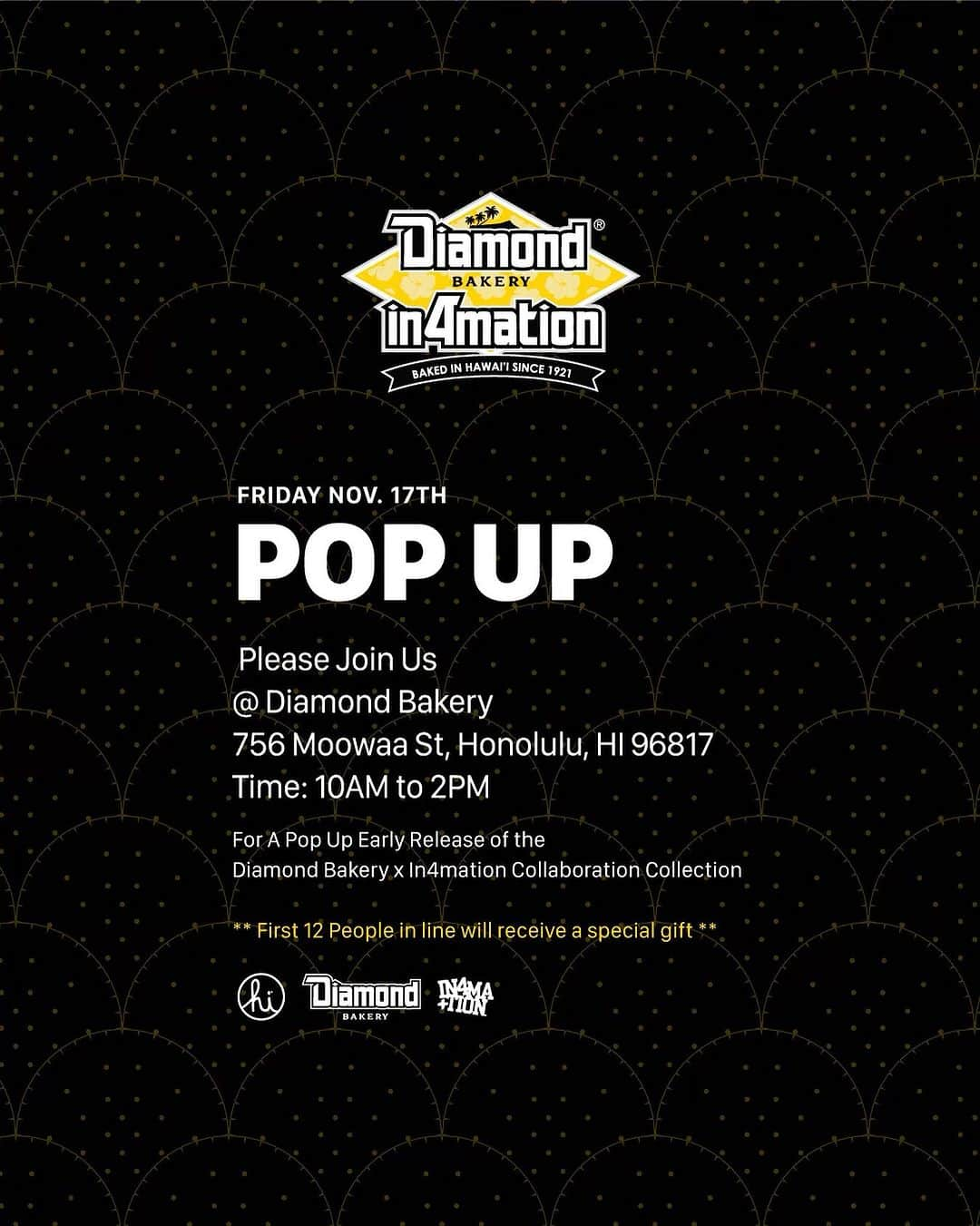 インフォメーションのインスタグラム：「Pop Up Early Release of the Diamond Bakery x In4mation Collaboration Collection  ** First 12 People in line will receive a special gift **  Friday November 17th  at Diamond Bakery 756 Moowaa St, Honolulu, HI 96817 From 10AM to 2PM」