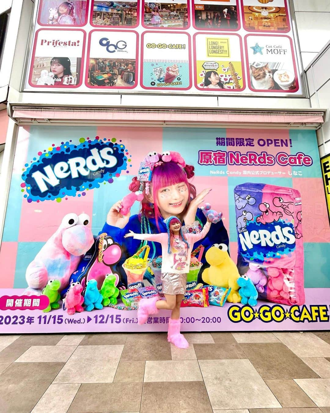 しなこさんのインスタグラム写真 - (しなこInstagram)「💜超✩重大発表💜  この度、世界中で愛されるNeRds Candyさんの 国内公式プロデューサーに任命され、 NeRdsカフェをプロデュース✨✨ させて頂きました🩷🩵🩷🩵！  本日より竹下通りのGO GO CAFEにて 大々的にオープンしております😎❤️‍🔥  竹下通りでの私のプロデュース店舗は なんと4店舗目....😱😱😱😂笑  私が考えるスイーツで原宿を盛り上げたい！という 目標を1歩1歩実現出来ているのが 本当に嬉しい🥲💓💓🥹  NeRdsは日本ではナーズロープで知った方が 多いと思うんだけど、 日本だけでなく世界中で愛されていて、 知らない人はいないくらい有名なお菓子なんです💓🌏  私は実は10年以上前から大好きでして、、、🥹 最初は中学生の頃グアムで見つけて、それ以降グアムに行くたび爆買いするくらい大好きなのでこのようにプロデューサーに任命いただいて本当に光栄です㊗️💜 人生で伏線回収したみたいな感覚😂😂  メニューとっても美味しいので、 ぜひ遊びに来てください🦄🩷💗  ◾︎カフェ開催期間 11/15~12/15 ◾︎営業時間 10:00~20:00 ◾︎しなこ来店イベント開催日 11/26 （詳細は後日載せるね😎） ◾︎※11/20 は10:00~12:00のみ営業致します ◾︎住所 東京都渋谷区神宮前1-7-1 1F  本当にこの5ヶ月間くらいずっと準備してて忙しかった😂💗笑  みんながワクワクしてくれますように🥹💓💓💓！待ってるよーーー꜀( ꜆ᐢ. ̫.ᐢ)꜆  #ナーズカフェ #NeRds #NeRdsCandy #ナーズロープ #gogocafe #candyagogo」11月15日 12時22分 - ssshinako