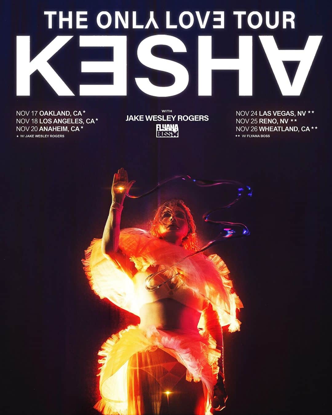 ケシャのインスタグラム：「HELLO.. CHRIST? @flyanaboss IS OPENING FOR MY LAST THREE SHOWS OF THE #ONLYLOVETOUR. Excited to share the stage with you babes. Limited tix avl, don't wait ⚔️⚔️」