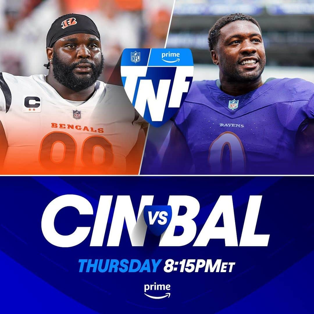 NFLのインスタグラム：「Biggest TNF matchup of the year?   #CINvsBAL — Thursday 8pm ET on Prime Video Also available on #NFLPlus」