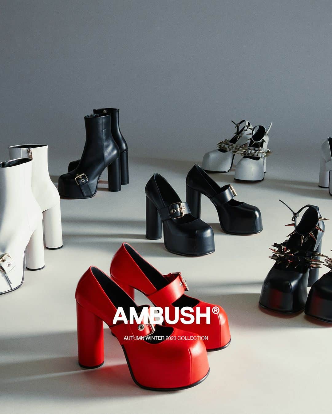 AMBUSHのインスタグラム：「Mary-Janes, buckle boots, and strappy, spiked platform shoes for #AMBUSH AW23 COLLECTION. Which one is your style? 🖤」