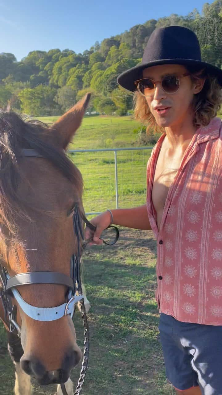 ブレントン・スウェイツのインスタグラム：「All that horse training from Maleficent finally  came in handy.. There wasn’t really much training…We used to ride to the pub, tie up the horses and have a few pints. Riding back was always fun.  Fyi. should have a helmet and saddle. Nuts are aching and slid off twice. Hehe. fun first ride in a while.  🐴👍👌🏽」