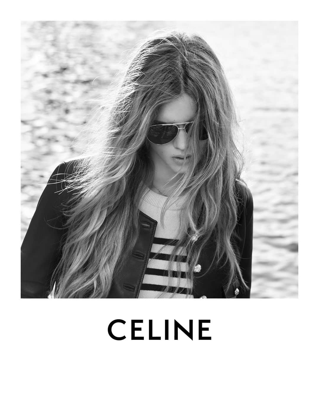 Celineのインスタグラム：「LA COLLECTION DES GRANDS CLASSIQUES 07  CELINE LEATHER CELINE LEATHER JACKET  CELINE KNITWEAR CELINE CREWNECK CASHMERE SWEATER  CELINE METAL FRAME SUNGLASSES  COLLECTION AVAILABLE NOW IN STORES AND ON CELINE.COM  IDA @HEDISLIMANE PHOTOGRAPHY AND STYLING SAINT-JEAN-CAP-FERRAT MARCH 2023  #CELINEBYHEDISLIMANE」
