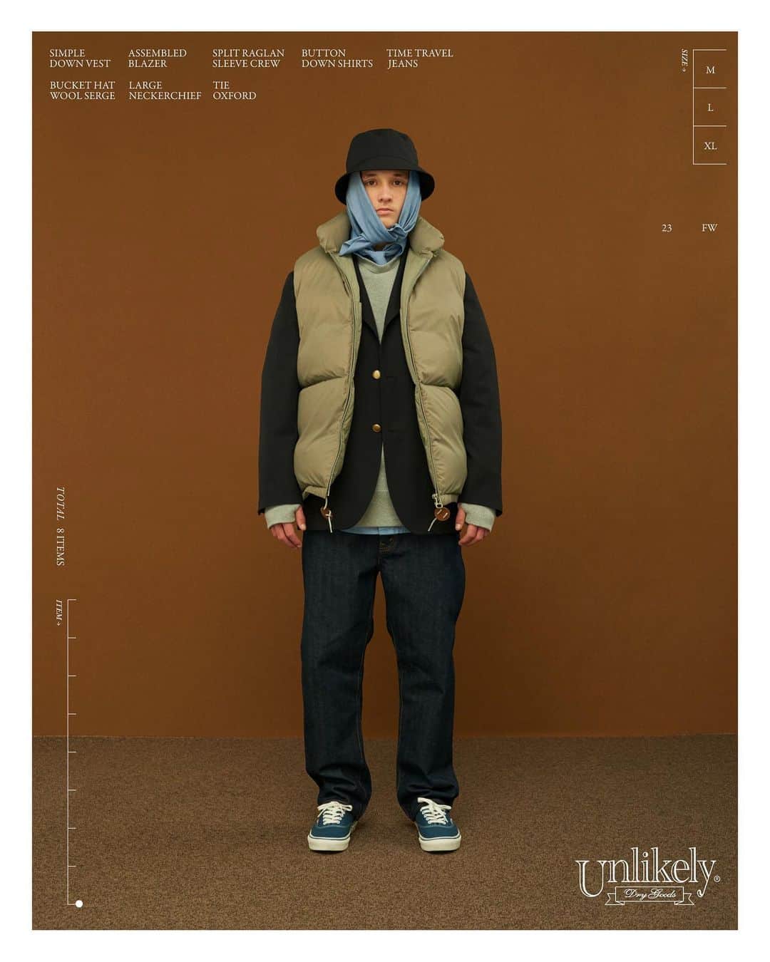 のインスタグラム：「2023年11月18日(土)12:00発売 ⁡ 〈 Unlikely 〉 ⁡ 2023AW 3rd delivery ⁡ "Unlikely Simple Down Vest" COL: Beige SIZE: M / L ¥104,500 TAX IN ⁡ アウトドアなデザインに、ミリタリーファブリックを採用したアンライクリーかつベーシックなダウンベスト。 非常に軽量で耐久性、撥水機能に優れた一着です。 着丈を長めに設定し、オーバーサイズに仕上げることでジャケット等をレイヤリングする際に表情豊かにコーディネートできるデザインにしています。 ⁡ 取扱店舗 1LDK AOYAMA ( @1ldk_aoyama ) ⁡ #unlikely_drygoods @unlikely_drygoods #1ldk #1ldkaoyama #1ldkshopofficial」