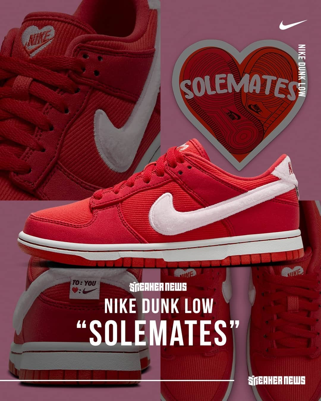 Sneaker Newsさんのインスタグラム写真 - (Sneaker NewsInstagram)「Do you believe in SOLEMATES? If so, tag them...⁠ This Dunk Low for Valentine's Day 2024 is dropping in GS and PS sizes! Hit the link in our bio for a detailed look.」11月16日 0時31分 - sneakernews