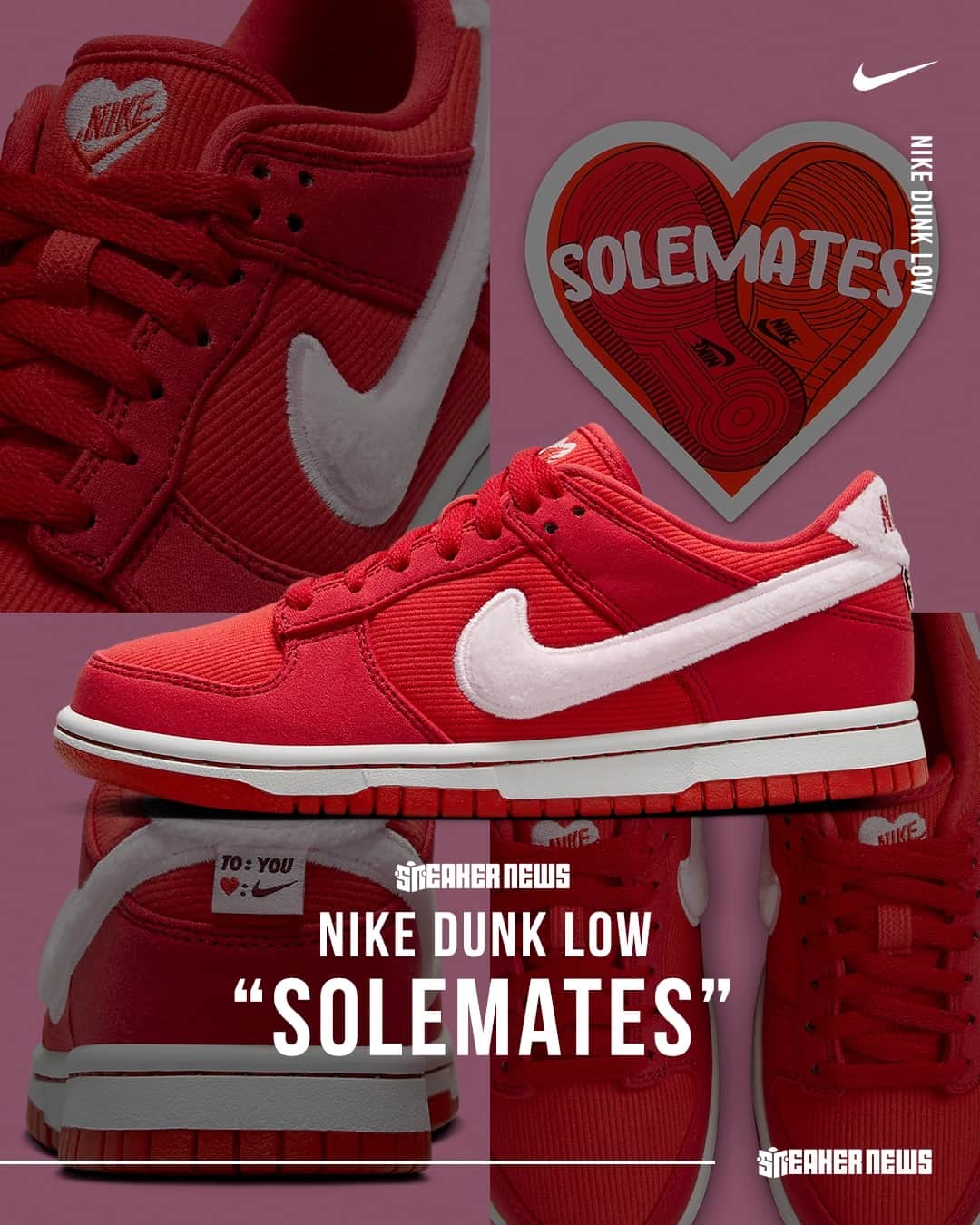 Sneaker Newsのインスタグラム：「Do you believe in SOLEMATES? If so, tag them...⁠ This Dunk Low for Valentine's Day 2024 is dropping in GS and PS sizes! Hit the link in our bio for a detailed look.」