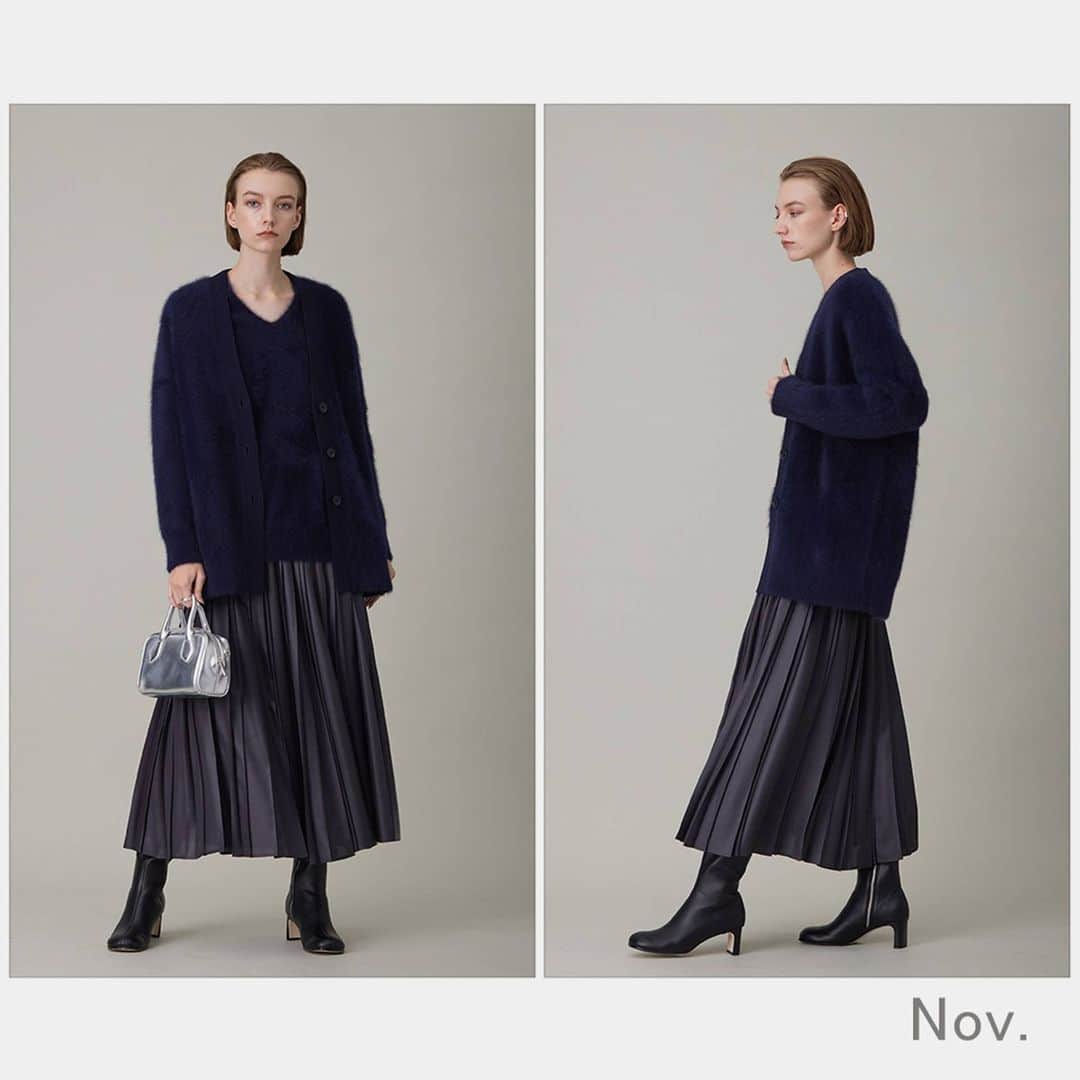 ICB WEB MAGAZINEのインスタグラム：「. 【LOOK BOOK】___November  フォックスカシミヤ カーディガン ¥36,9608taxin)  フォックスカシミヤ プルオーバー ¥29,920(taxin)  レザーライクプリーツ スカート ¥25,9608(taxin)  #icb #icbjp #icbstyle #onward #オンワード #オンワード樫山 #onwardcrosset #オンワードクローゼット #fashion #通勤コーデ #通勤スタイル #オフィススタイル #オフィスカジュアルコーデ #ootd #オフィスカジュアル #シンプルコーデ #大人カジュアル #秋コーデ #冬コーデ #シンプルファッション #お仕事服 #ootdfashion #大人シンプル #ファッション #大人コーデ #coordinate #シャギーニット #フォックスカシミヤ #アンサンブルニット #カーディガン」