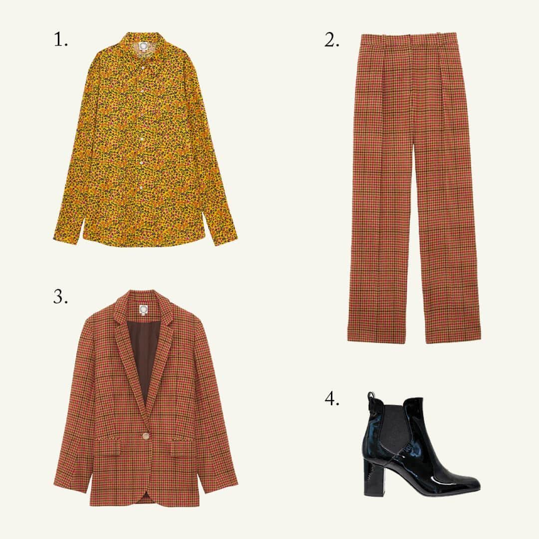 イネスドゥラフレサンジュのインスタグラム：「Get the look !   Profitez d’un accès privilégié au Black Friday en vous inscrivant à la newsletter. - 1. Chemise Maureen jaune à fleurs 2. Pantalon Hector pied-de-poule en laine 3. Veste Bruna pied-de-poule en laine 4. Bottines à talons noires en cuir vernis - Enjoy privileged access to Black Friday by signing up for the newsletter.  #inesdelafressange #inesdelafressangeparis #fallwinter2023 #parisianchic」