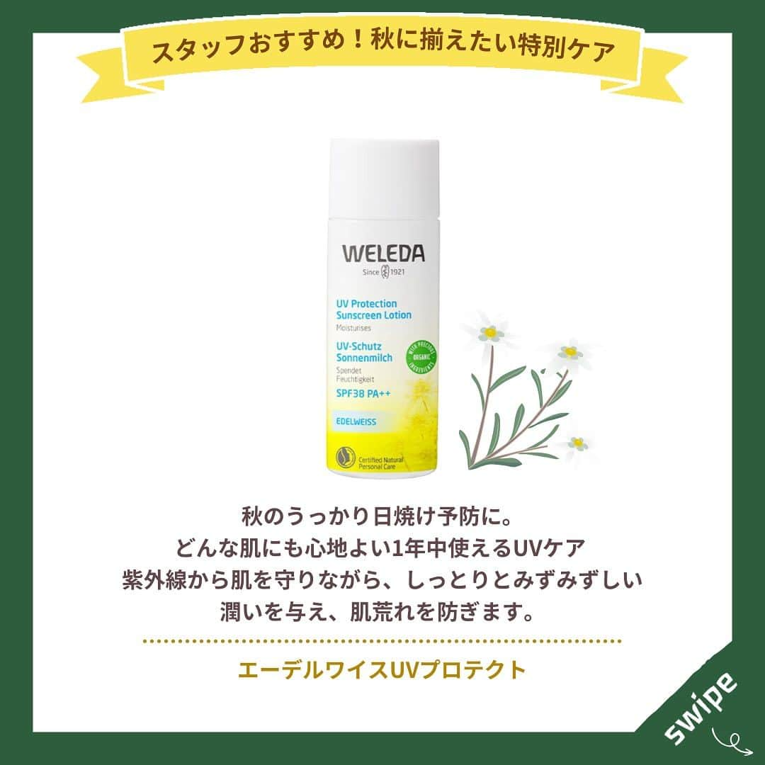 ヴェレダ Weleda Japanさんのインスタグラム写真 - (ヴェレダ Weleda JapanInstagram)「【ヴェレダスタッフおすすめ！秋に揃えたい特別ケア】  木々もめっきり秋色に染まってきましたね。  紅葉の見頃を迎え、紅葉狩りやピクニックなど、秋のアウトドアを楽しむ方も多いのではないでしょうか。  そこで本日は、ヴェレダスタッフおすすめ！  ＼秋のアウトドアに持っていきたいおすすめ商品３選 ／をご紹介します。  ヴェレダと一緒に、秋を堪能しましょう。  ╭━━━━━━━━━━━━━╮ 　 　　　　どのアイテムが 　　　気になりますか？  ╰━━━━━━ｖ━━━━━━╯  🌞：エーデルワイスUVプロテクト 🛁：バスミルク ミニセット 💚：スキンフード ぜひ、絵文字を使って、[コメント]で教えてください！  商品についての詳細は @weleda_japan のトップページリンクからご覧いただけます。  #ヴェレダ#WELEDA#weleda#オーガニック#オーガニックコスメ#植物療法#シュタイナー#ホリスティック#organiccosmetics#유기농#紫外線 #日焼け止め#スキンフード#入浴剤#バスミルク#保湿#保湿ケア#保湿アイテム#乾燥#乾燥対策#乾燥保湿#秋コスメ#お風呂時間」11月15日 20時55分 - weleda_japan