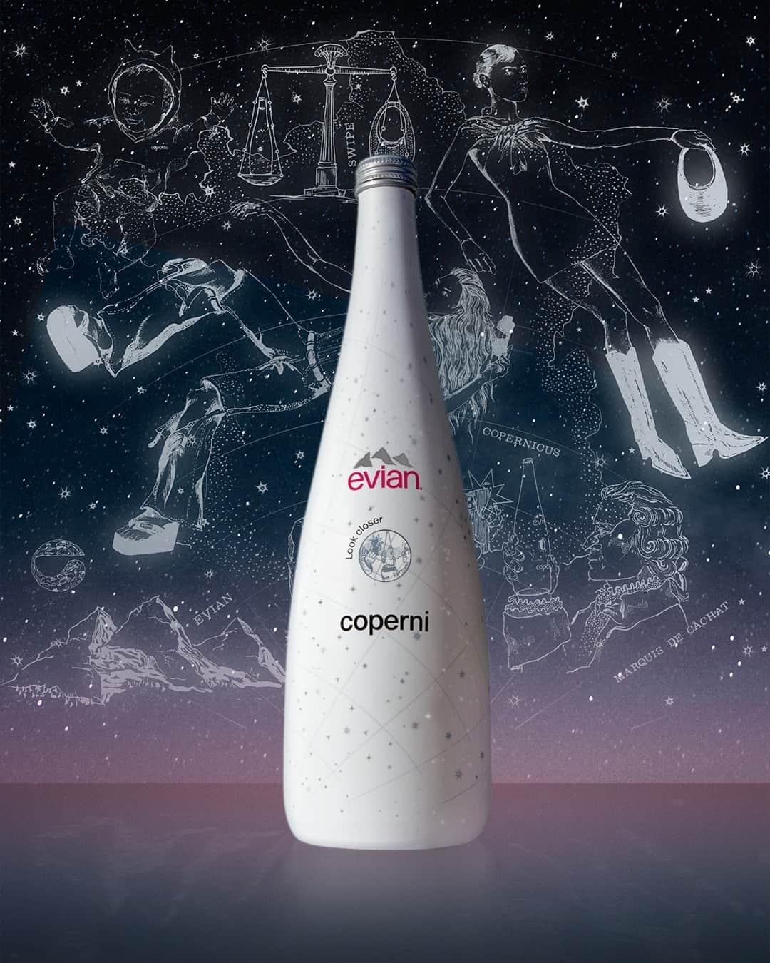 evianのインスタグラム：「Look closer. The evian x Coperni universe is hidden inside the 2023 Limited Edition Bottle 💫​  Celebrating our ‘Live Young’ ethos the imagined evian x @Coperni constellation embodies a playfulness and youthful audacity that both brands share💧​  See bio link for purchase details.​  #evianxCoperni #LiveYoung #LookCloser」