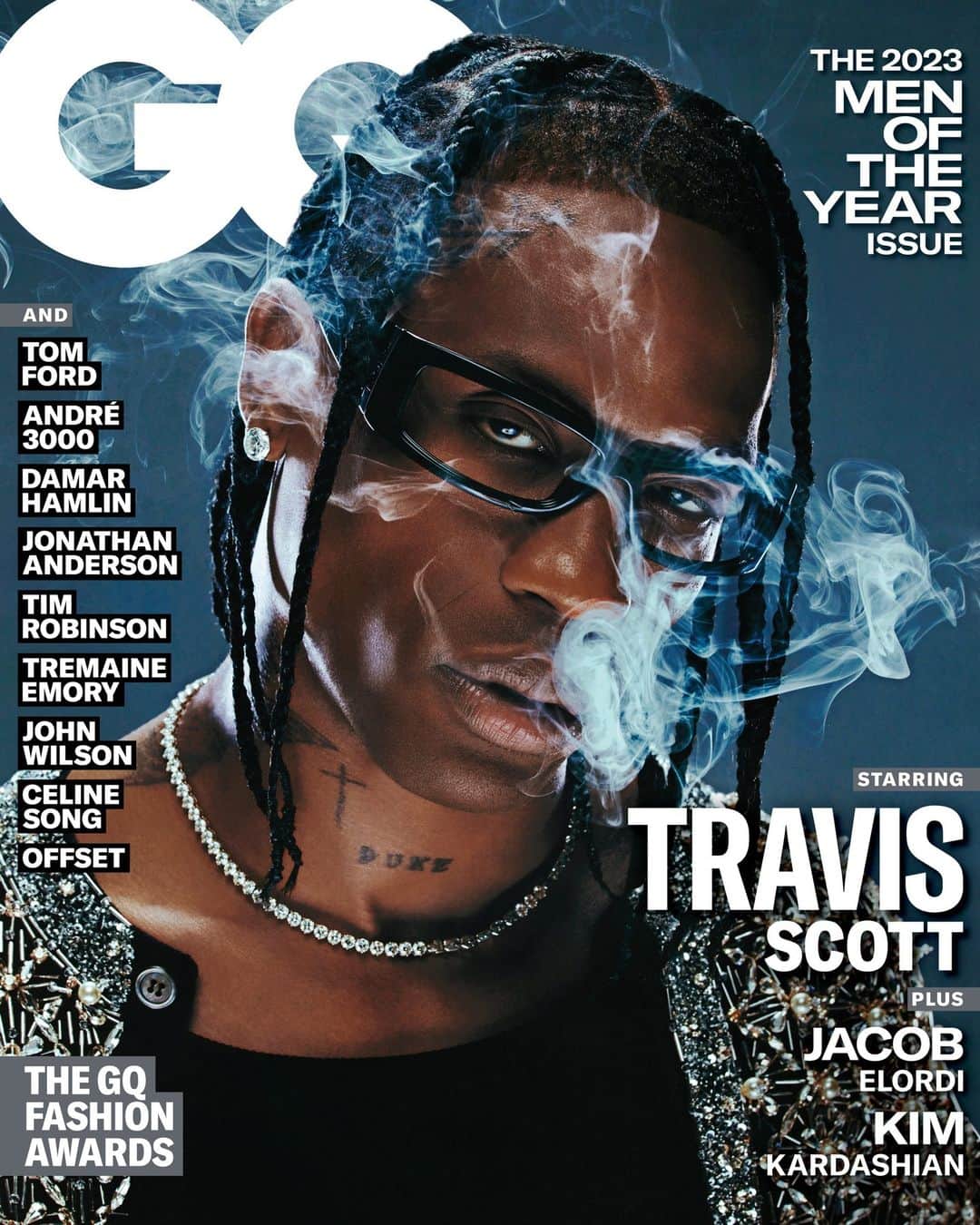 GQのインスタグラム：「Presenting our next #GQMOTY cover star: Travis Scott.  This year, @travisscott bounced back into the spotlight with the summer’s biggest album and a mega-tour to match. And yet, he’s still striving for something even grander.   For GQ’s Men of the Year issue, we hit the road with one of the most dynamic entertainers of our time as he opens up about edging back into the world, finding balance in “Utopia,” and how his daughter Stormi helped inspire his latest album.  Written by Chris Heath Photography by @jack_bridgland_studio Styled by @mobolajidawodu Produced by Patrick Mapel @campproductions Hair by Yazmin Adam Barber Ian Owens Skin by @heeezooo  SFX Makeup and painting by @worshipmina  Set Design by @itsmyjello / Jones MGMT」