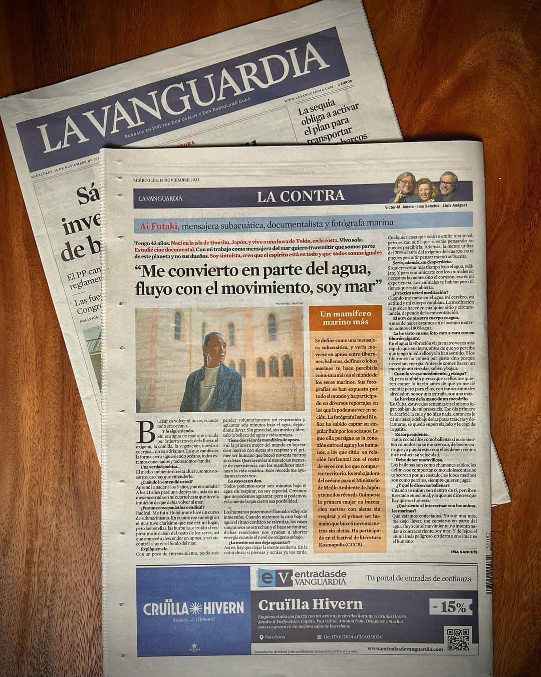 二木あいのインスタグラム：「⁡ 📰 LA VANGUARDIA 📰 ⁡ 2023. Nov. 15  La Contra de @lavanguardia   https://www.lavanguardia.com/lacontra/20231115/9378448/me-convierto-parte-agua-fluyo-movimiento-mar.amp.html  Muchas Gracias @cccb_barcelona @casa.asia  • • • #sea #ocean #coexist #respect #message #海 #共に生きる #敬う #メッセージ #mar #océano #coexistencia #respecto #mensaje ⁡ #環境省 #森里川海プロジェクト #海アンバサダー @morisatokawaumi_ @bewet.wetsuits @breier.swimfins @aqua_lung_japan @ecoalf @ecoalf_japan」