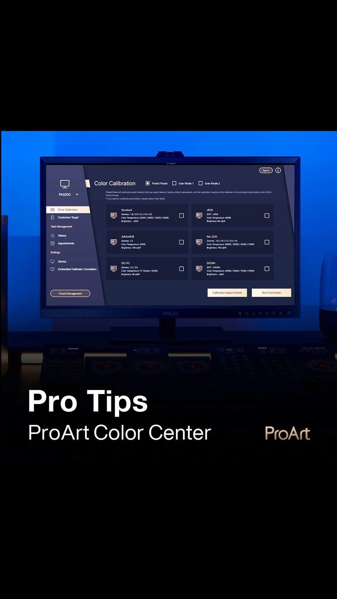 ASUSのインスタグラム：「Take control of color accuracy with @proart Color Center! 🖥️🎨    Simplify color management for your multiple #ProArt displays, ensuring consistent results every time. 🌟   Say hello to seamless color control: https://asus.click/ProArtColourCalibration-IG    #ColorCalibration」