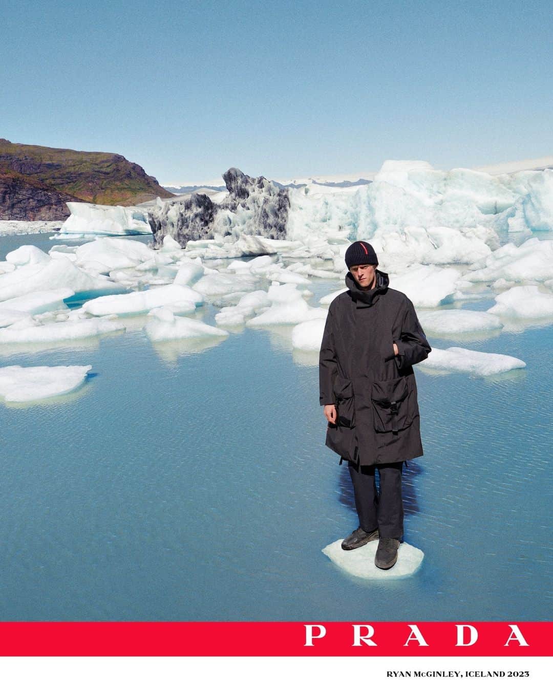 のインスタグラム：「Floating ice lagoon. Prada Linea Rossa Fall/Winter 2023 photographed by Ryan McGinley.  #PradaLineaRossa @ryanmcginleystudios」