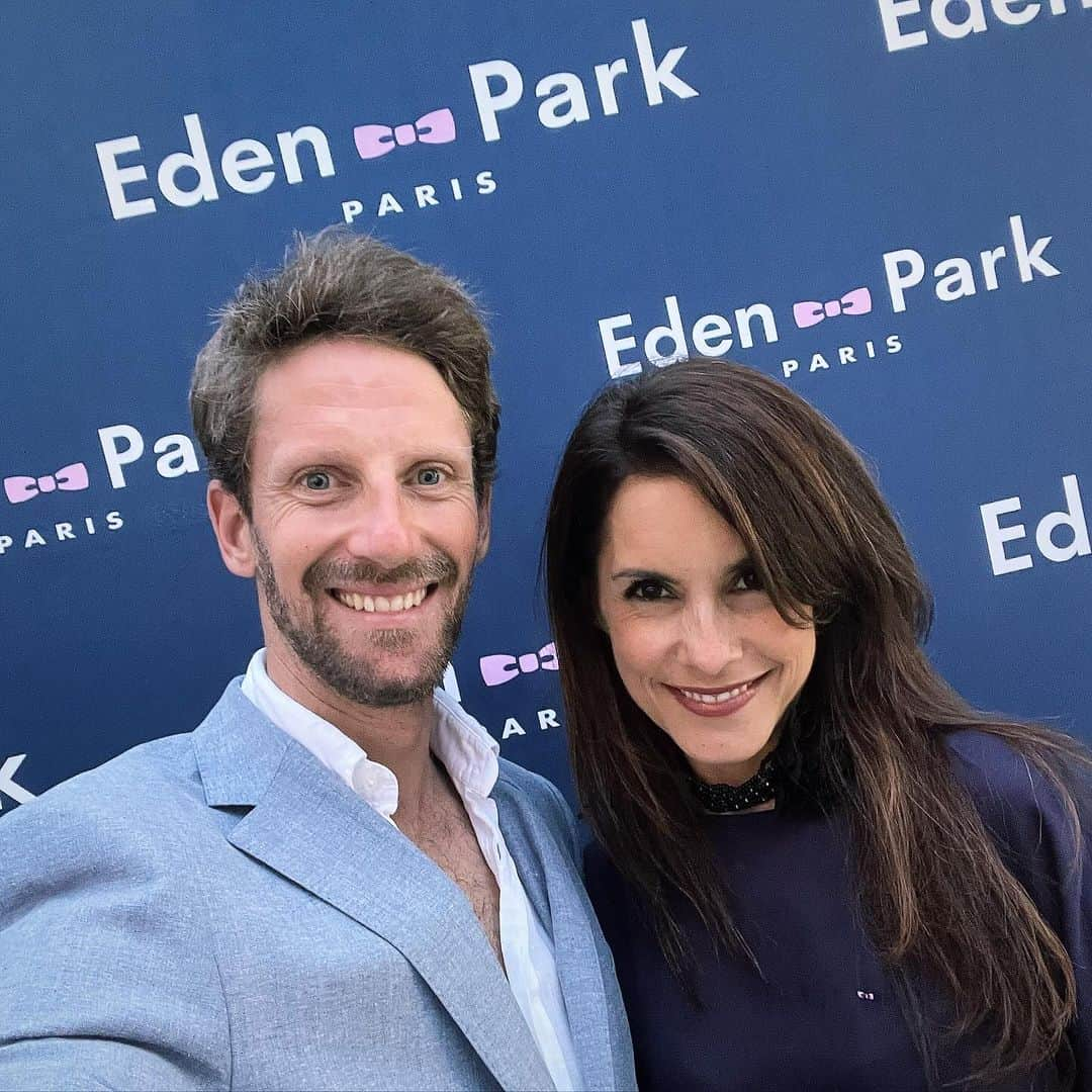 ロマン・グロージャンのインスタグラム：「Mrs. and Mr. G at the Grand opening of the Miami @edenparkparis  A pink bow tie that represents the French savoir faire, passion and education values.  Very excited to be part of such an incredible family with incredible people.  #aboutlastnight #fashion #edenpark #rugby  #TheFrenchFlair」