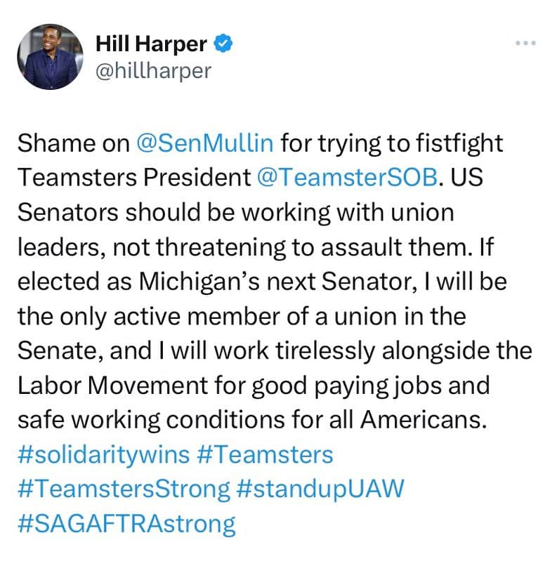 ヒル・ハーパーのインスタグラム：「It’s shameful that sitting US Senators like Markwayne Mullin are fighting against our unions, instead of working alongside them to improve the lives of American workers. I proudly stand united with my union brothers and sisters and all workers. ✊🏾#solidarity #teamsters #unionstrong #sagaftra」