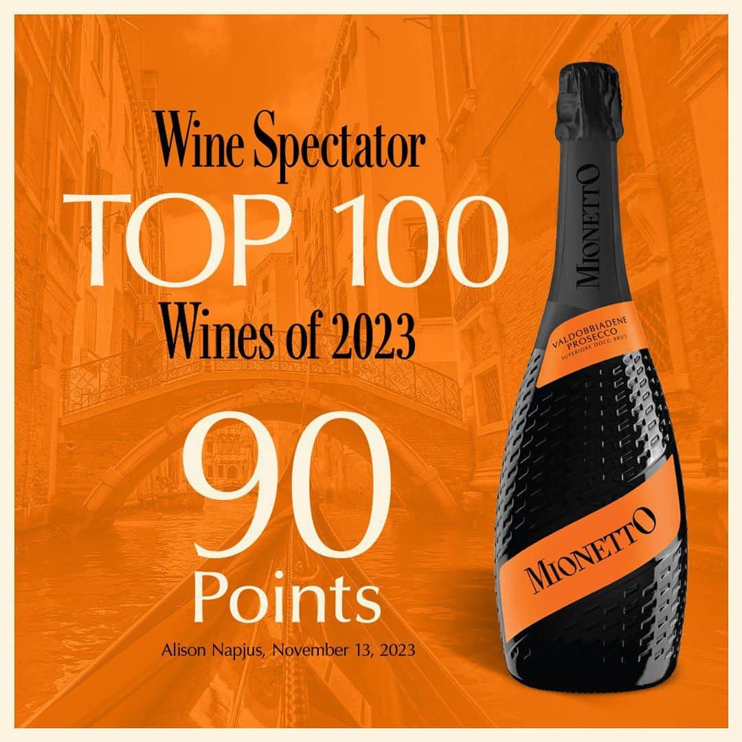 Mionetto USAのインスタグラム：「Amici, Breaking News!   Our Valdobbiadene Prosecco Superiore DOCG, previously rated 90 Points, has earned the #51 spot on Wine Spectator’s 2023 Top 100 List. Explore the full list: http://top100.winespectator.com/   We’re incredibly honored and felici. This is a milestone achievement for Mionetto during our 25th Anniversary celebration in the USA, this year. Mionetto is the highest-ranked Prosecco brand in Top 100 List History and only the third Prosecco to be listed since 1988. This recognition is a testament to the quality and craftsmanship that Mionetto delivers in every bottle produced.  Allora, take the opportunity to gift something truly special this Holiday season, our Prosecco! Drop a 🧡 in the comments to join us in celebrating this bellissimo achievement  #WineSpectator #WSTop100 #MionettoProsecco #Prosecco #Wines #Sparklingwine  Mionetto Prosecco material is intended for individuals of legal drinking age. Share Mionetto content responsibly with those who are 21+ in your respective country.  Enjoy Mionetto Prosecco Responsibly.」